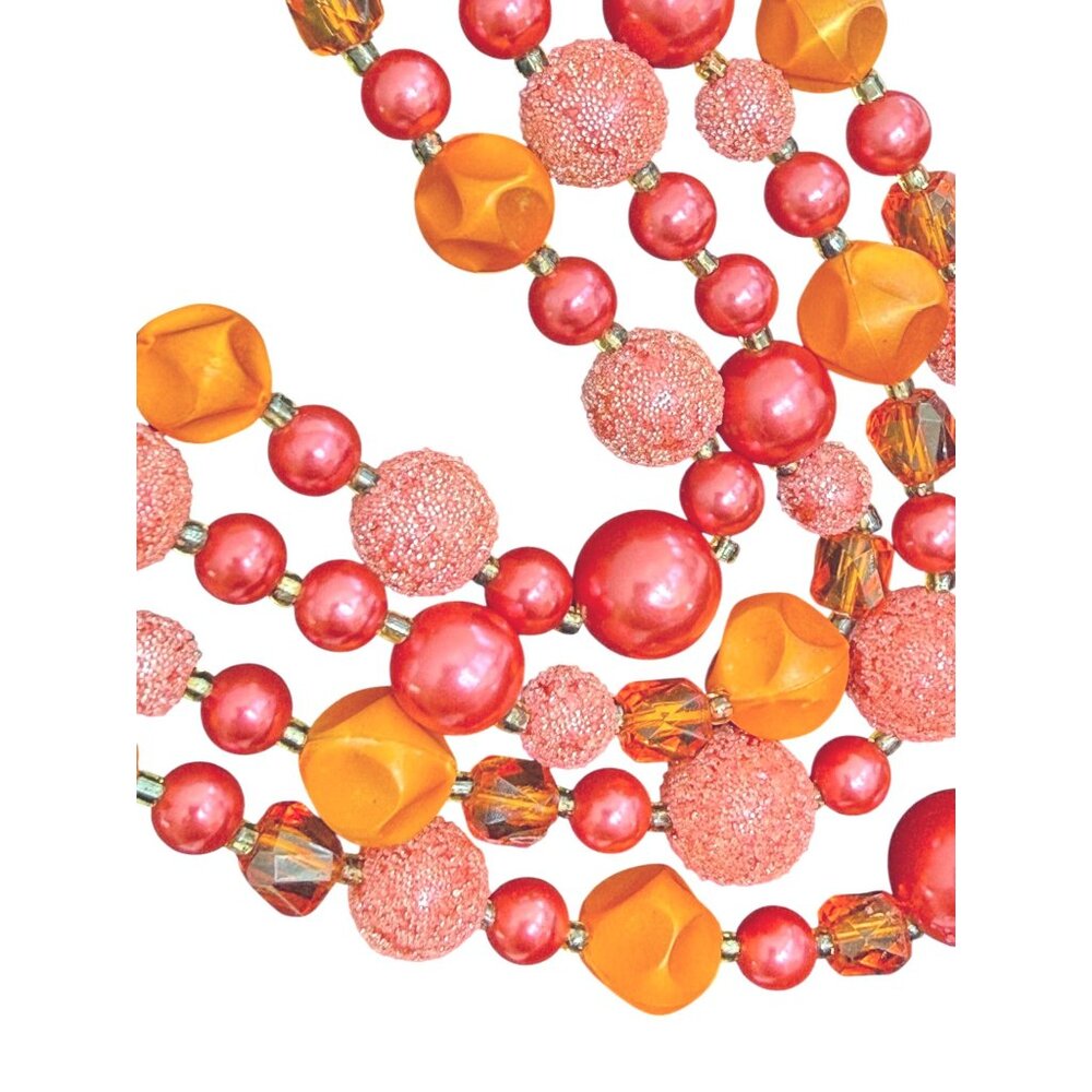 VTG JAPAN Necklace Earrings Set 4-Strand Pink Orange Sugar Bead Clip-On - Picture 3 of 10